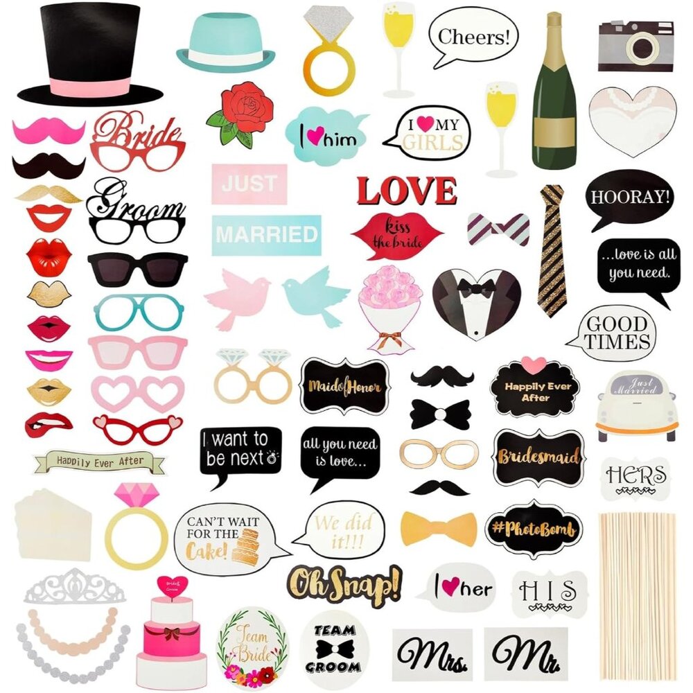 Wedding Photo Booth Props - 72-Piece Assorted Floral Cardstock Set, 3 x 2 to 10